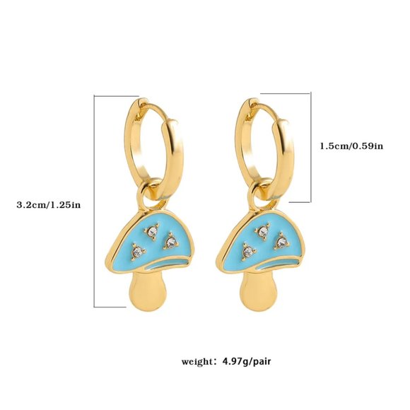 Gold & Purple Enamel Mushroom Rhinestone Huggie Dangle Earrings NEW - Picture 6 of 8